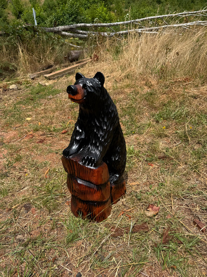 Chainsaw Carved Black Bear Standing on Rock Base – 30 Inches