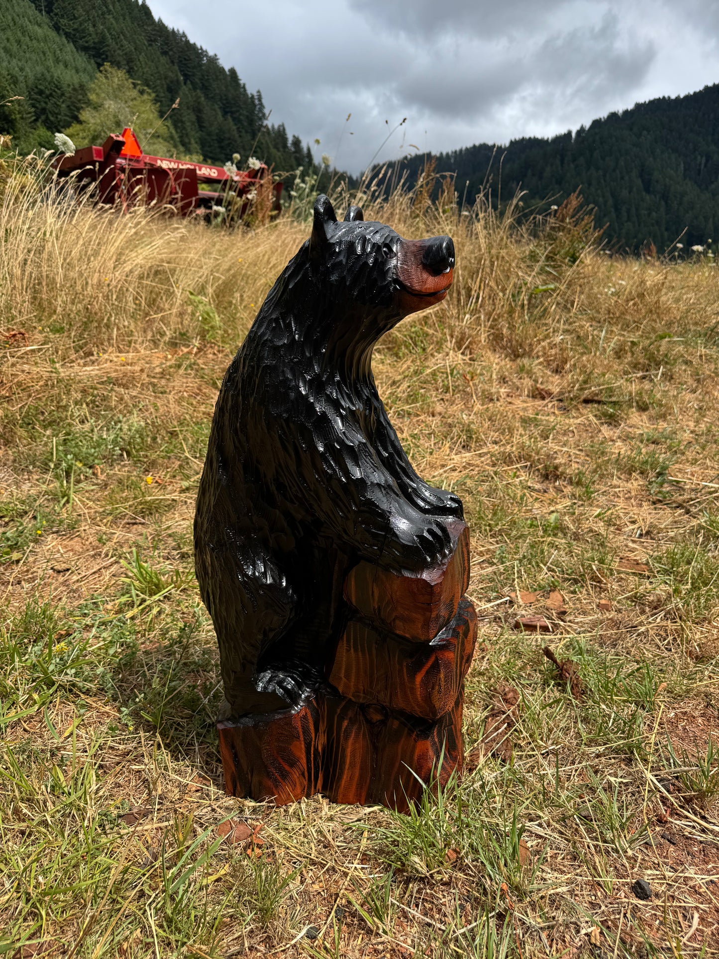 Chainsaw Carved Black Bear Standing on Rock Base – 30 Inches