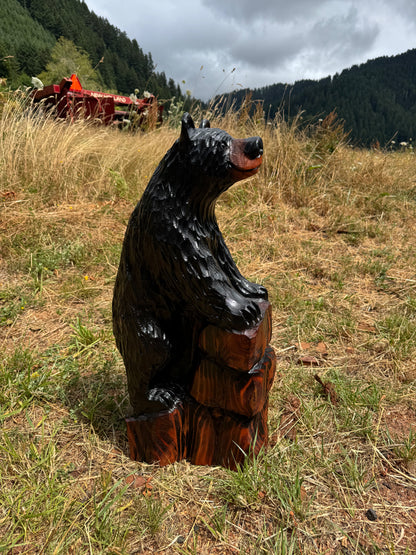 Chainsaw Carved Black Bear Standing on Rock Base – 30 Inches