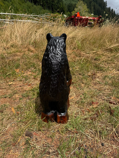 Chainsaw Carved Black Bear Standing on Rock Base – 30 Inches