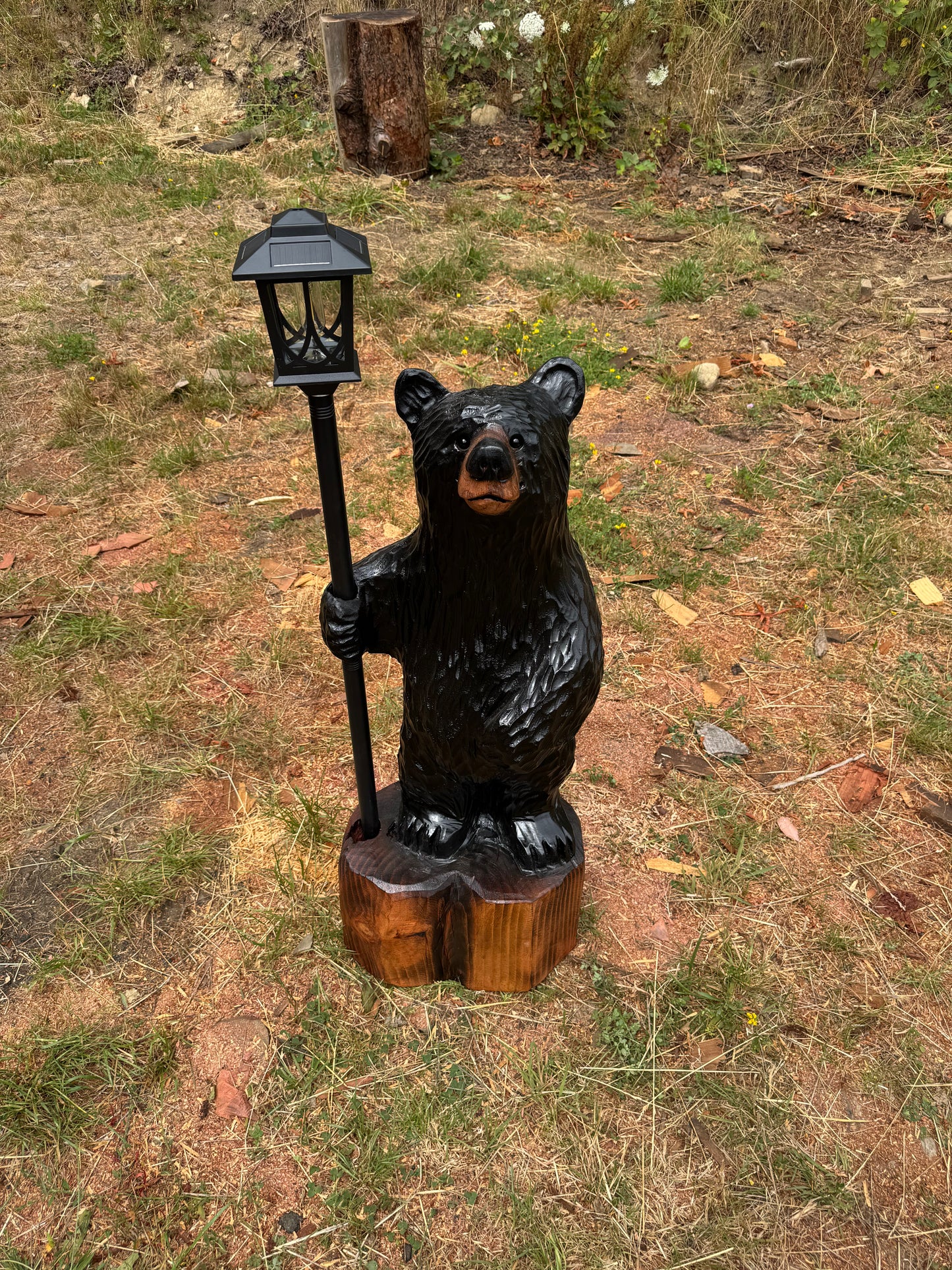 Chainsaw Carved Black Redwood Bear with Solar Lantern – 40 Inches