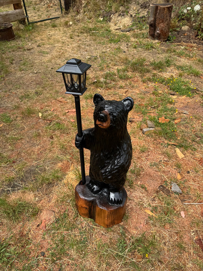 Chainsaw Carved Black Redwood Bear with Solar Lantern – 40 Inches