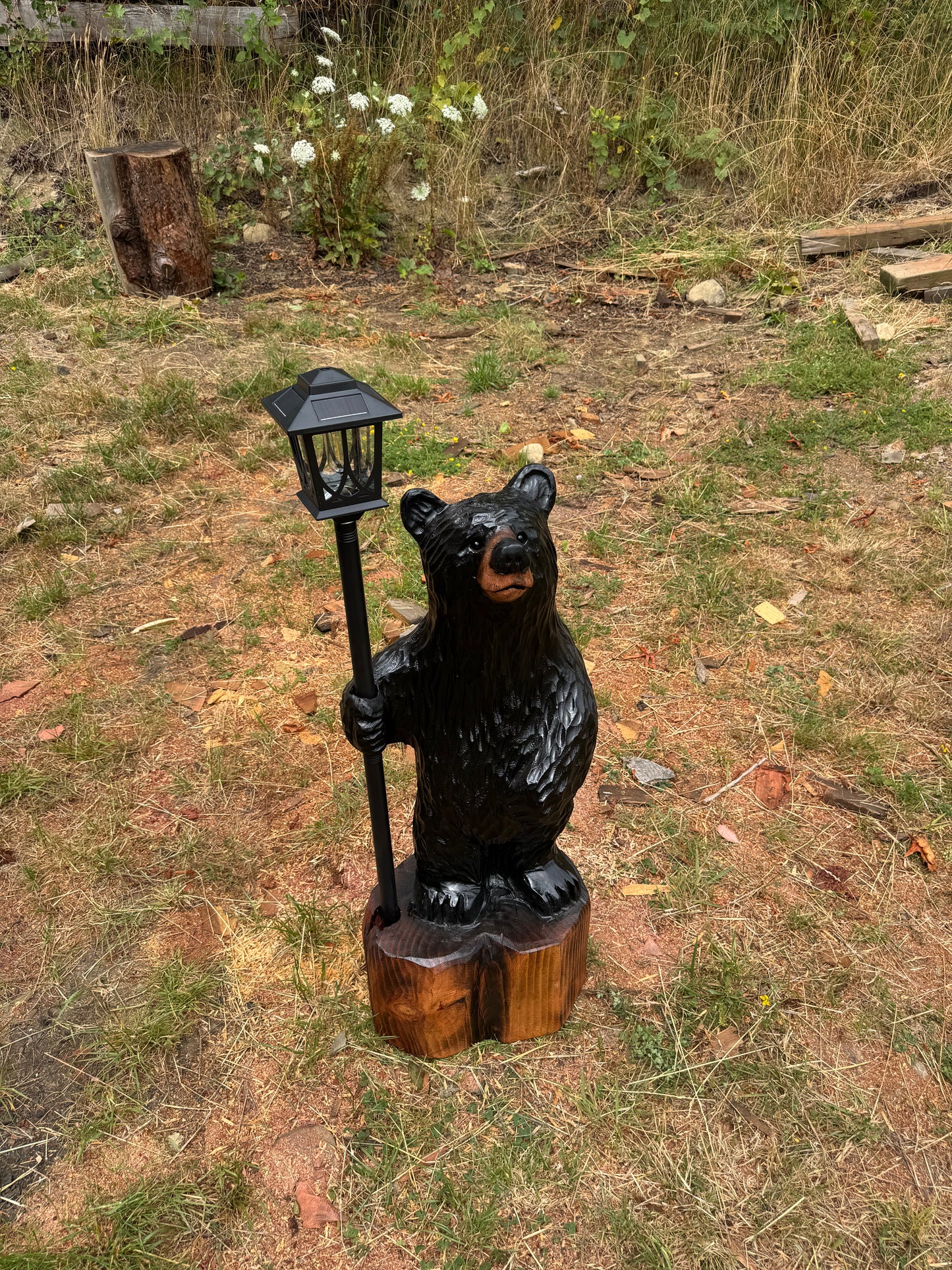 Chainsaw Carved Black Redwood Bear with Solar Lantern – 40 Inches