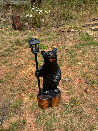 Chainsaw Carved Black Redwood Bear with Solar Lantern – 40 Inches