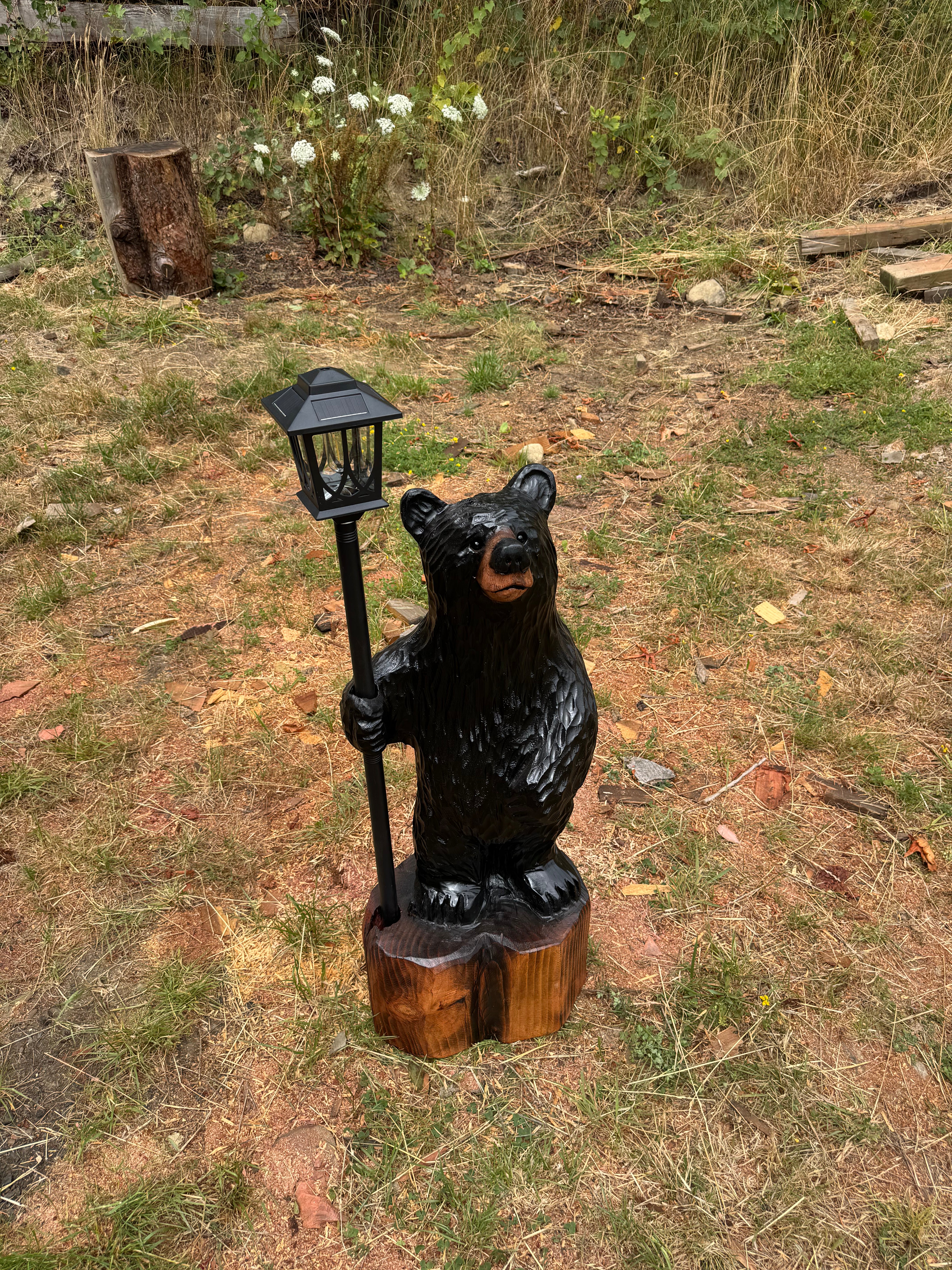 Chainsaw Carved Black Redwood Bear with Solar Lantern – 40 Inches