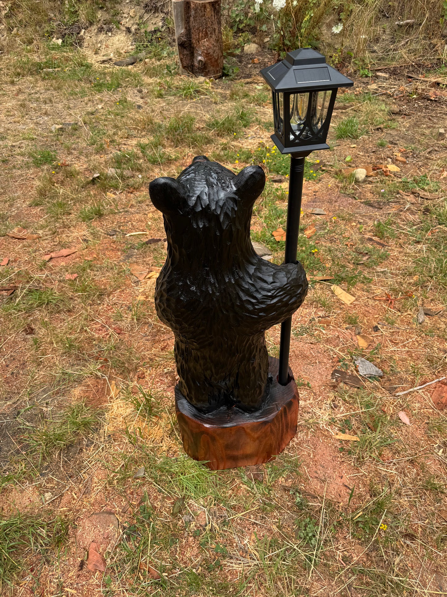 Chainsaw Carved Black Redwood Bear with Solar Lantern – 40 Inches