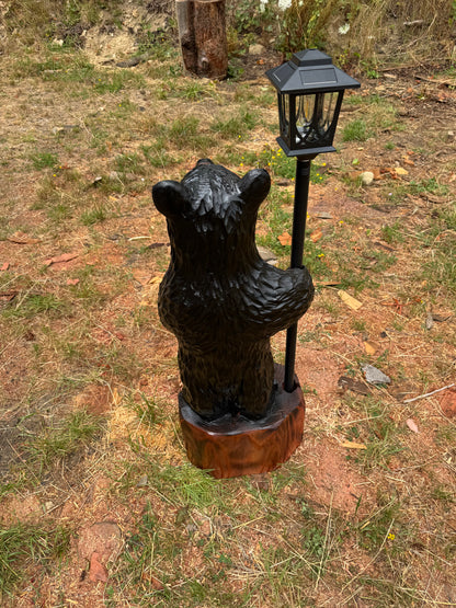 Chainsaw Carved Black Redwood Bear with Solar Lantern – 40 Inches