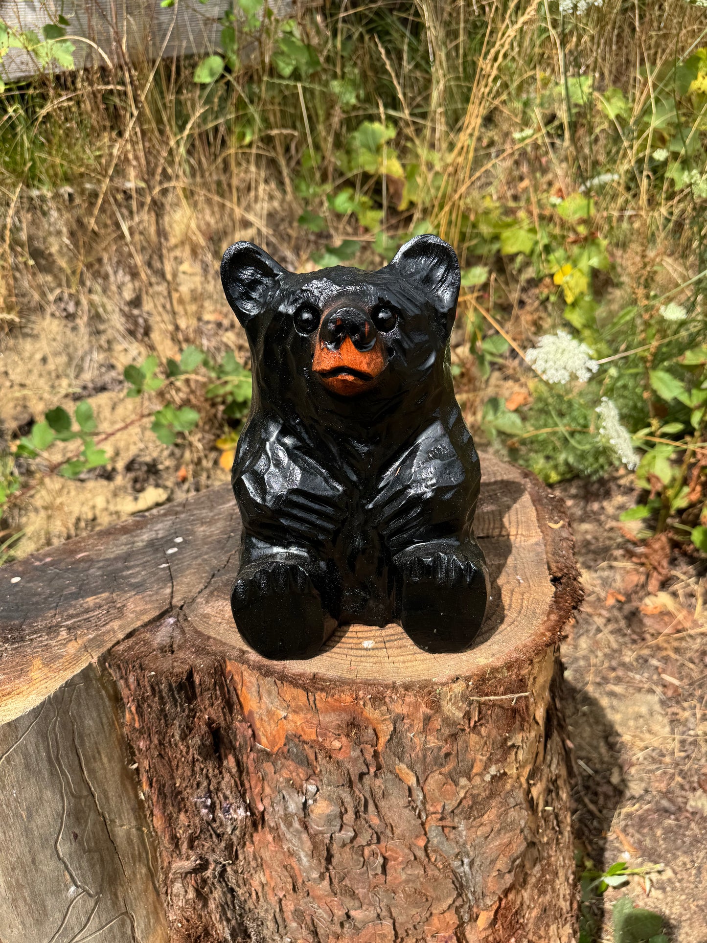 Chainsaw Carved Wooden Sitting Black Bear – 10 Inches
