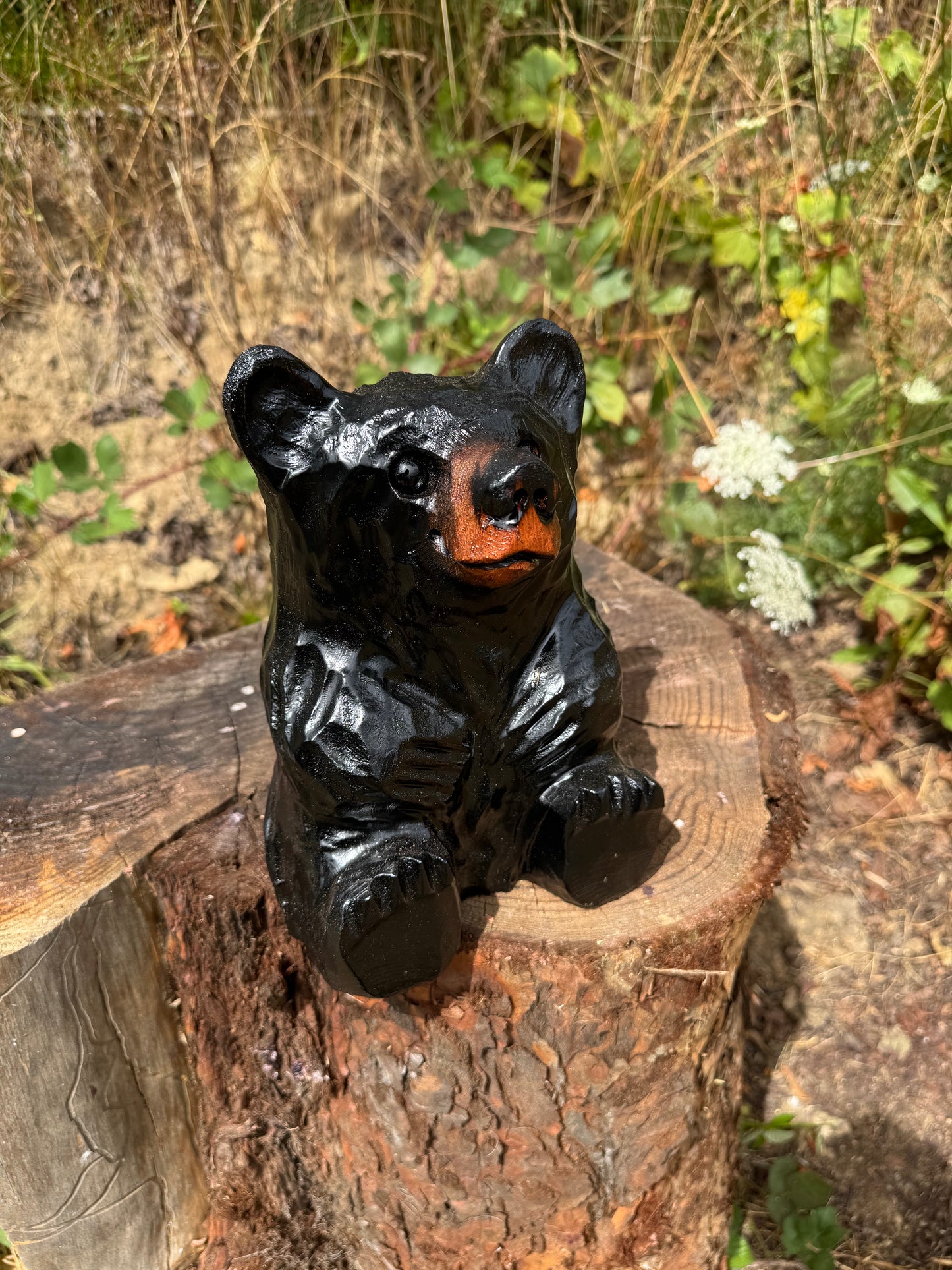 Chainsaw Carved Wooden Sitting Black Bear – 10 Inches