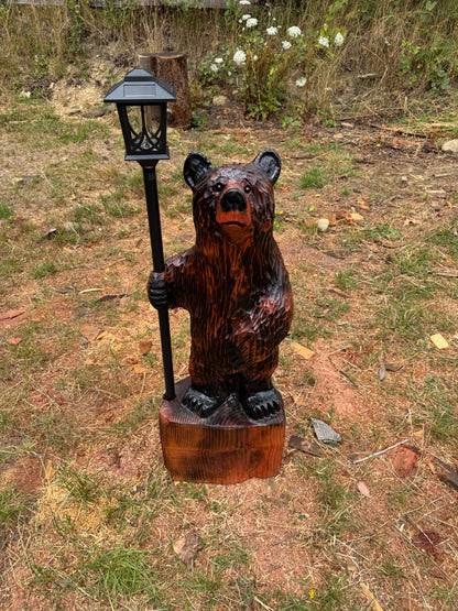 Chainsaw Carved Redwood Bear with Solar Lantern – 42 Inches Brown