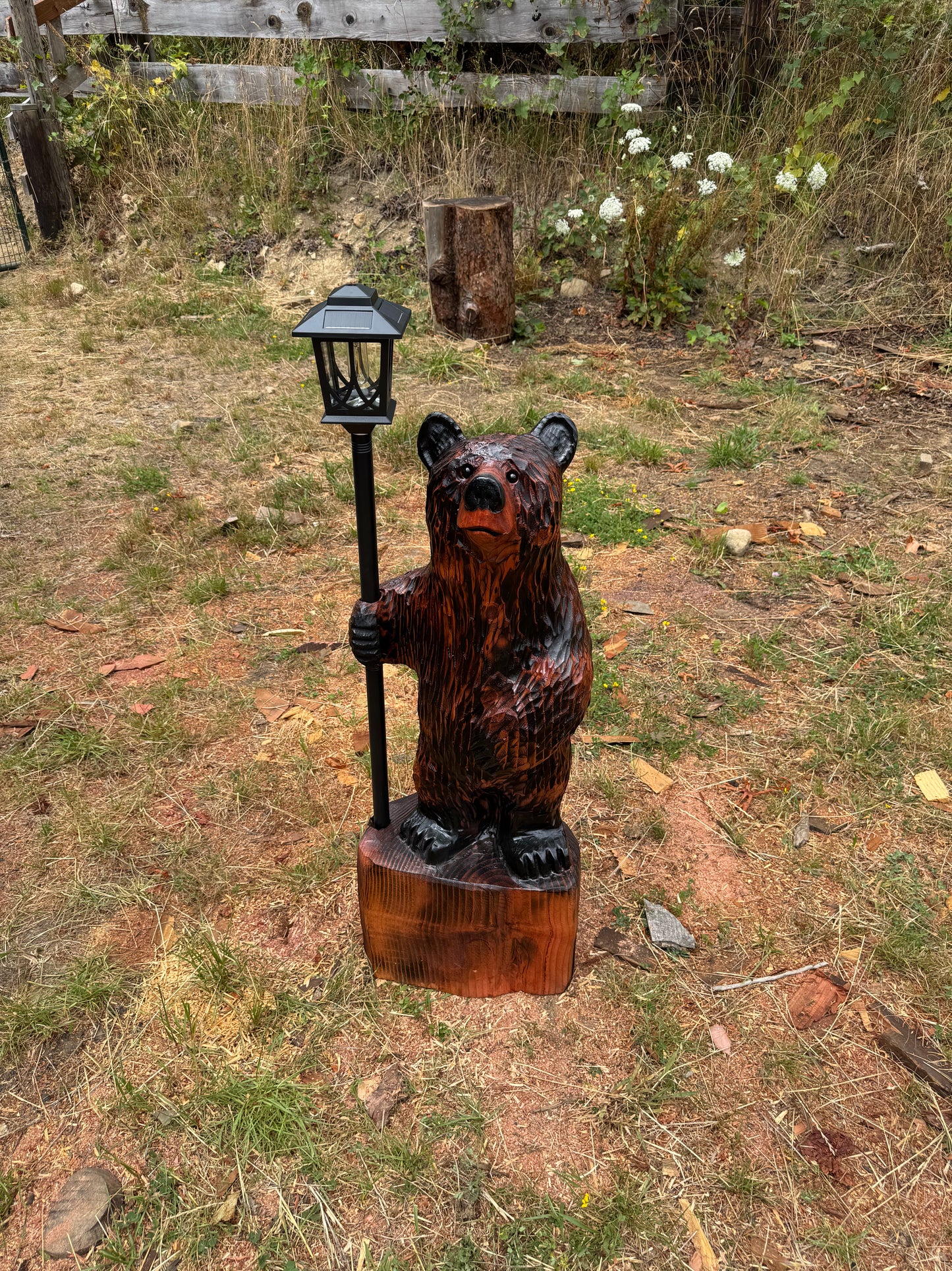 Chainsaw Carved Redwood Bear with Solar Lantern – 42 Inches Brown