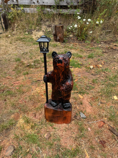 Chainsaw Carved Redwood Bear with Solar Lantern – 42 Inches Brown