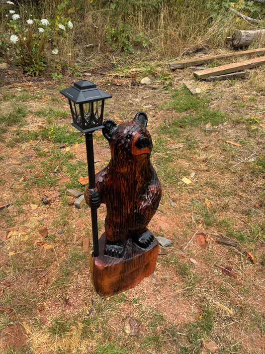Chainsaw Carved Redwood Bear with Solar Lantern – 42 Inches Brown
