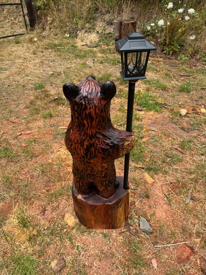 Chainsaw Carved Redwood Bear with Solar Lantern – 42 Inches Brown