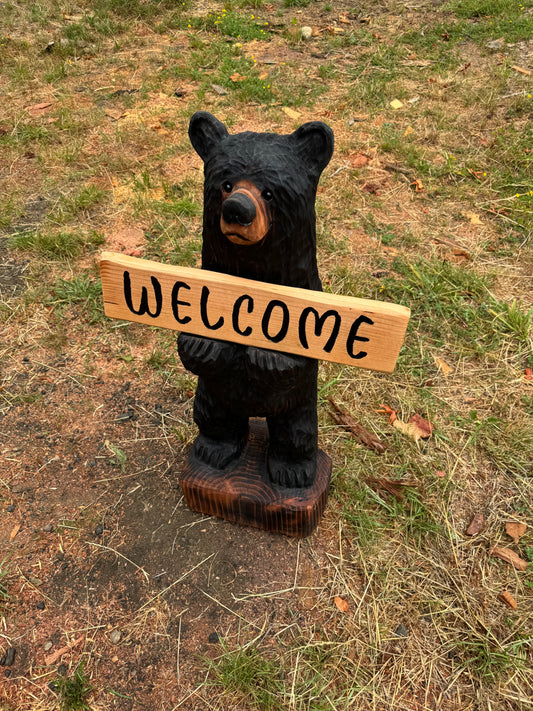 Chainsaw Carved 36" Black Bear with Reversible Sign - Welcome - Go Away