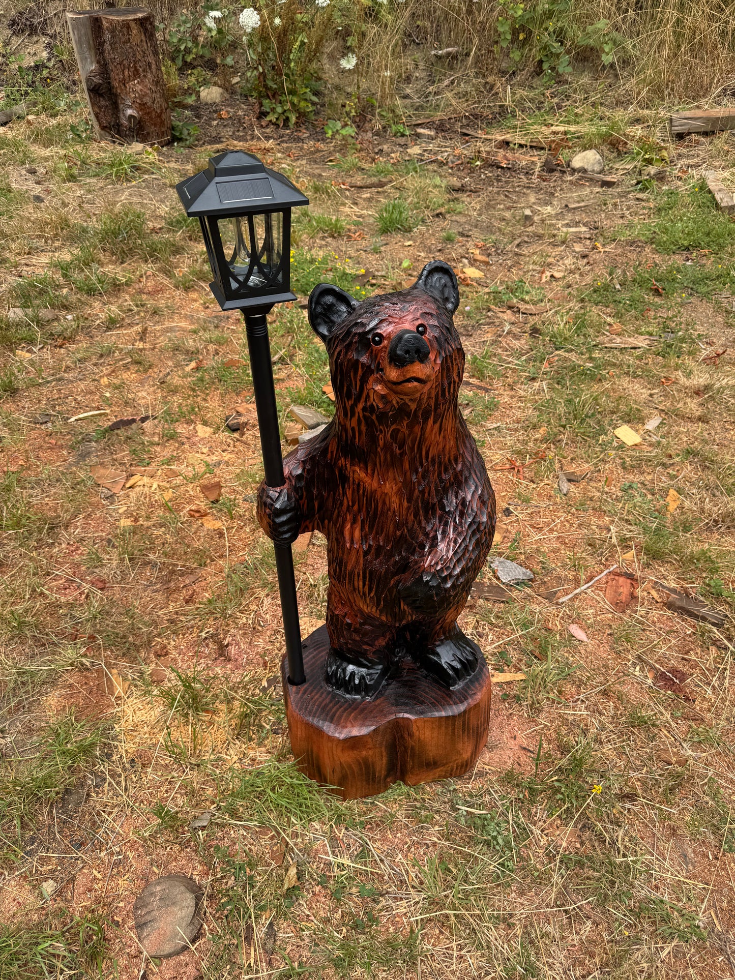 Chainsaw Carved Redwood Bear with Solar Lantern – 38 Inches Brown