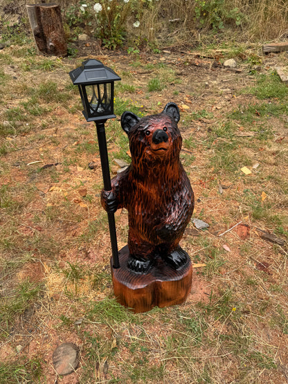 Chainsaw Carved Redwood Bear with Solar Lantern – 38 Inches Brown