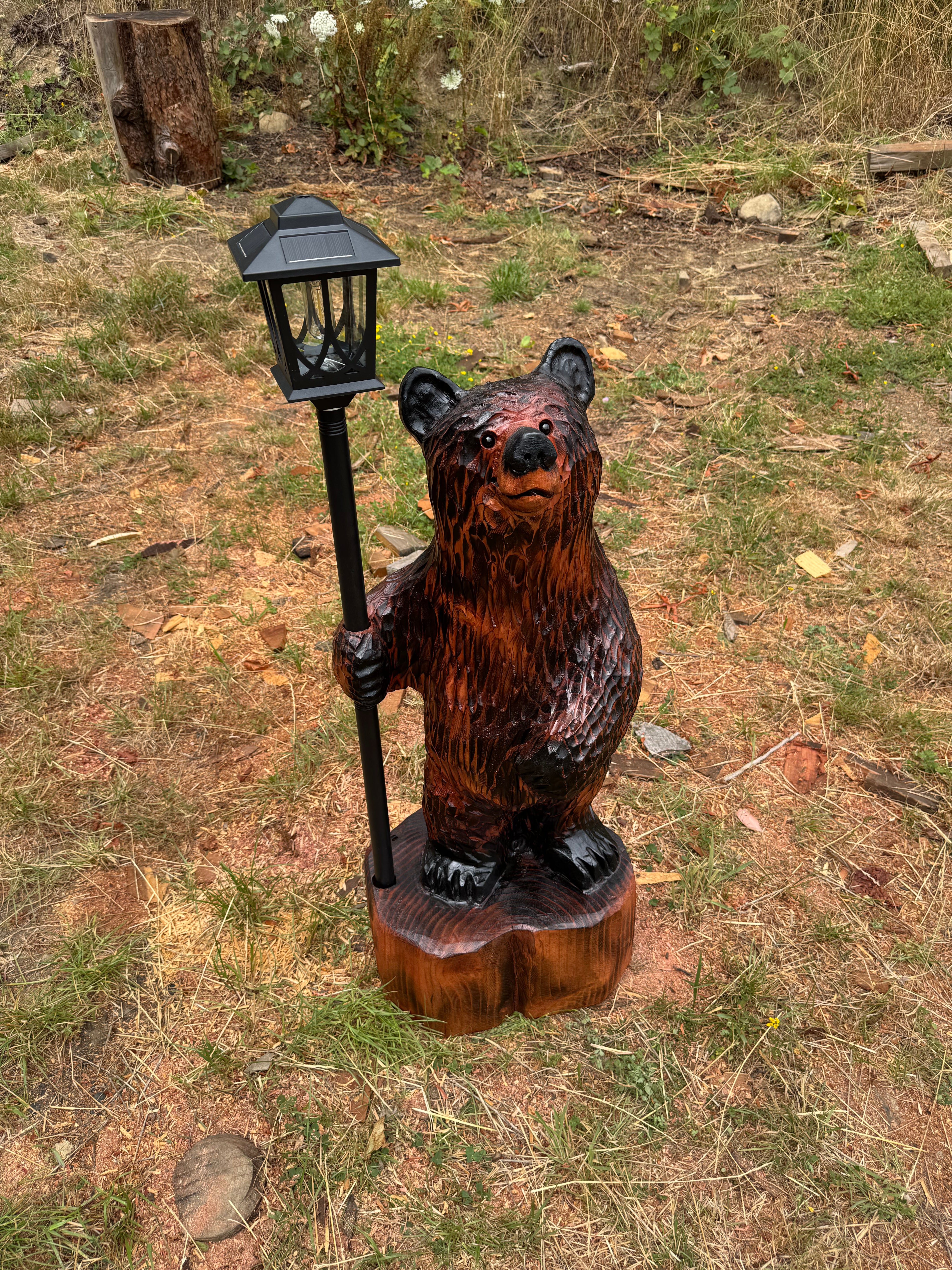 Chainsaw Carved Redwood Bear with Solar Lantern – 38 Inches Brown