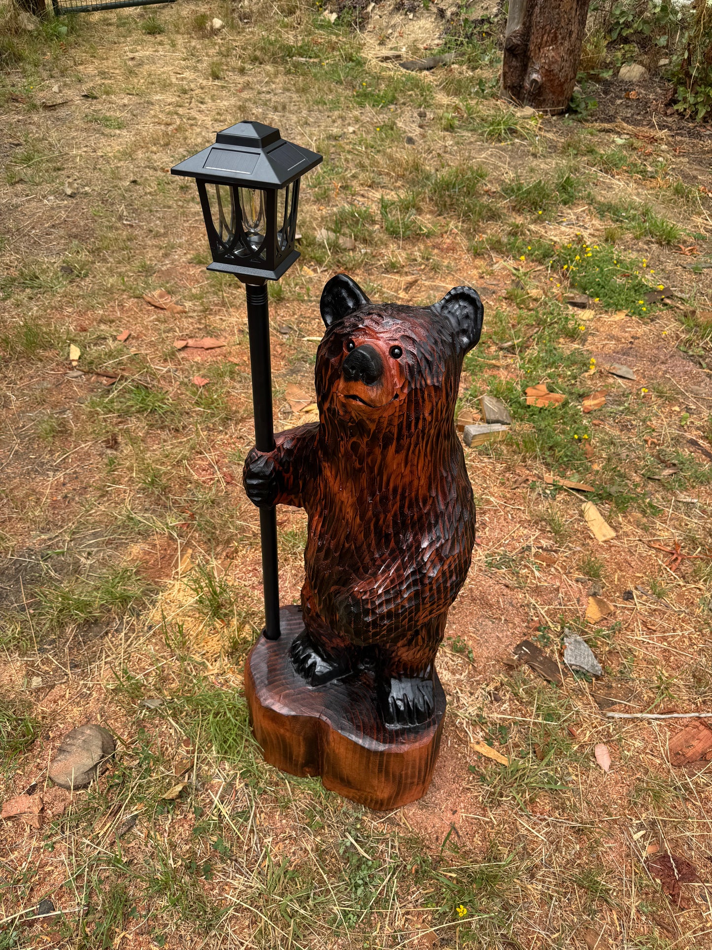 Chainsaw Carved Redwood Bear with Solar Lantern – 38 Inches Brown