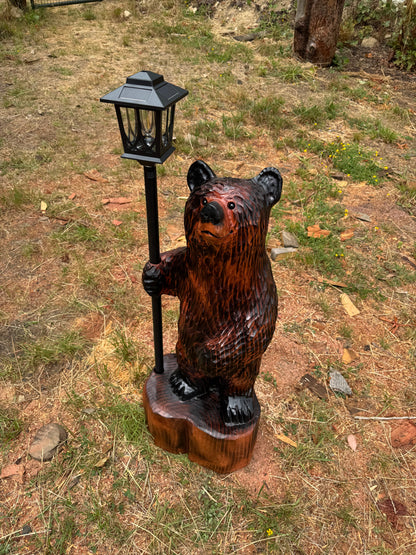 Chainsaw Carved Redwood Bear with Solar Lantern – 38 Inches Brown