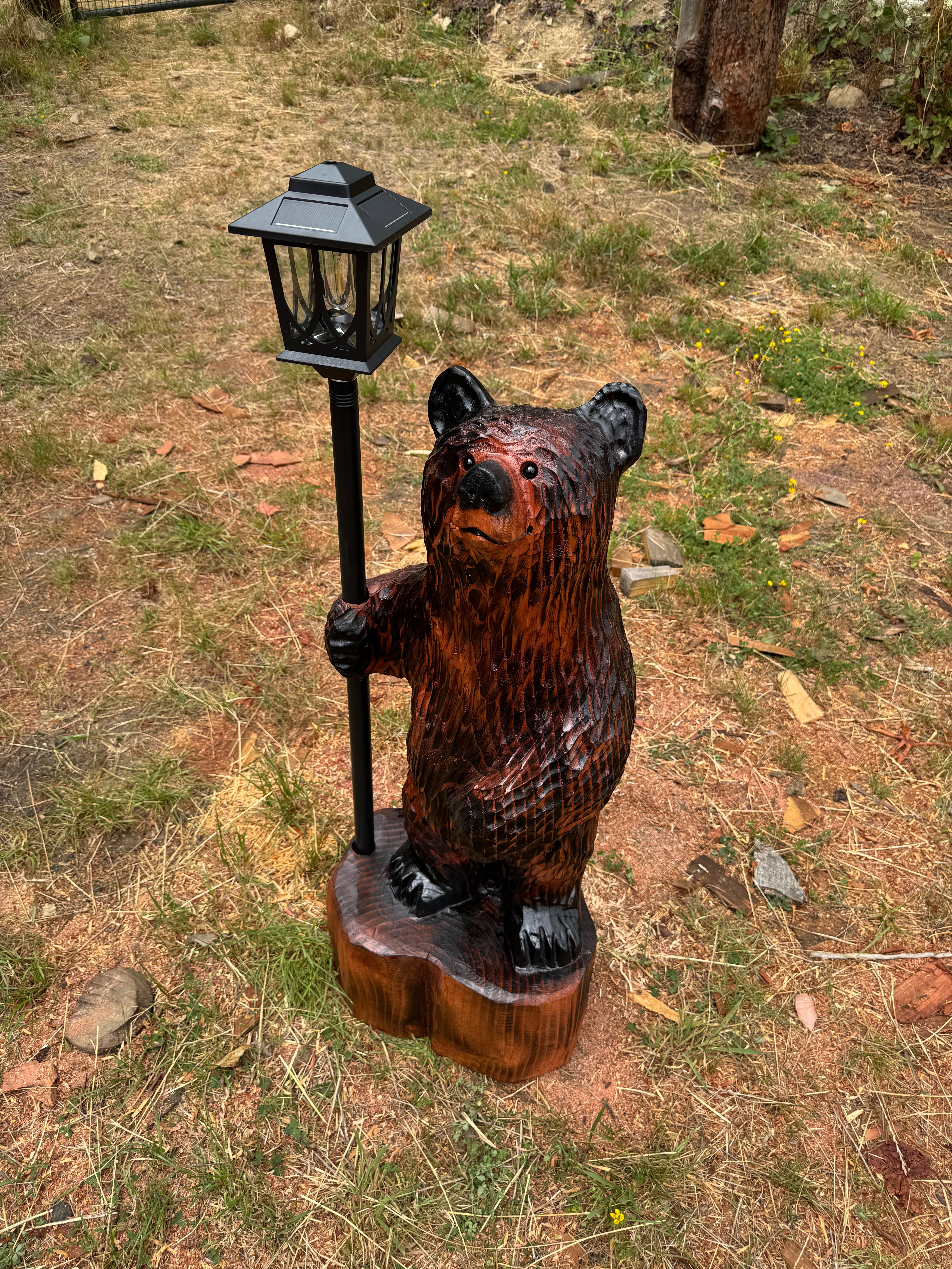 Chainsaw Carved Redwood Bear with Solar Lantern – 38 Inches Brown
