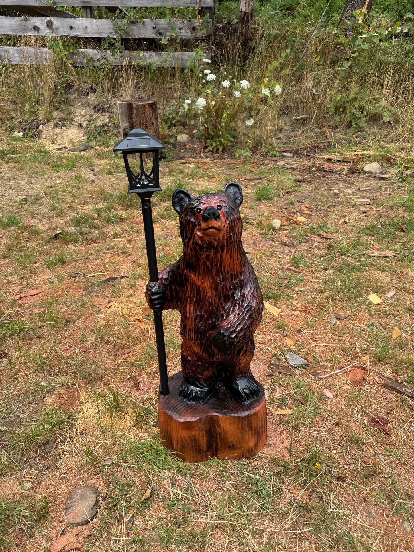 Chainsaw Carved Redwood Bear with Solar Lantern – 38 Inches Brown