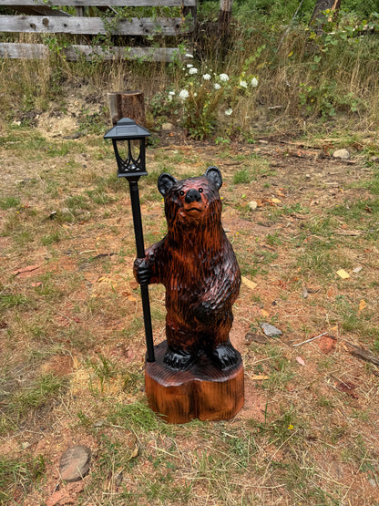 Chainsaw Carved Redwood Bear with Solar Lantern – 38 Inches Brown