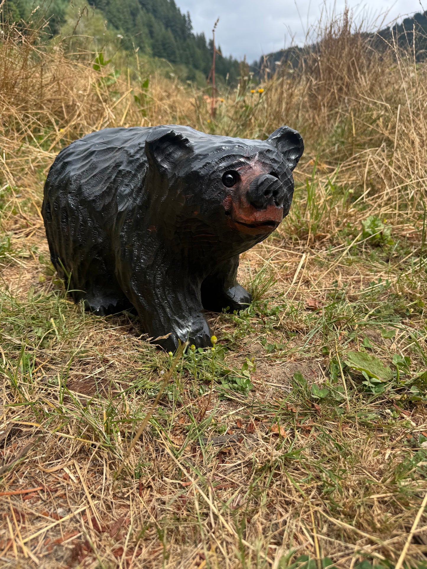 Chainsaw Carved Black Bear on All Fours Looking Right – 15" Giant Sequoia Redwood