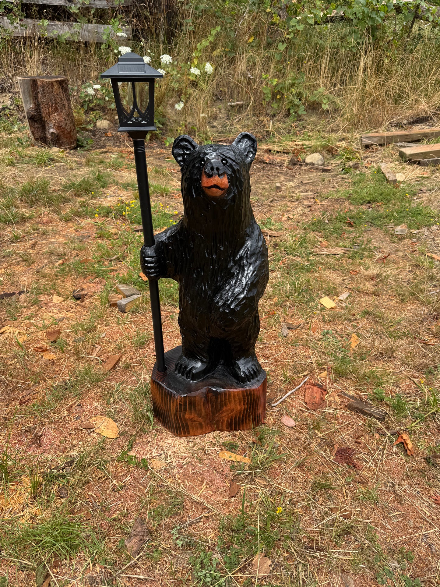 Chainsaw Carved Black Redwood Bear with Solar Lantern – 38 Inches