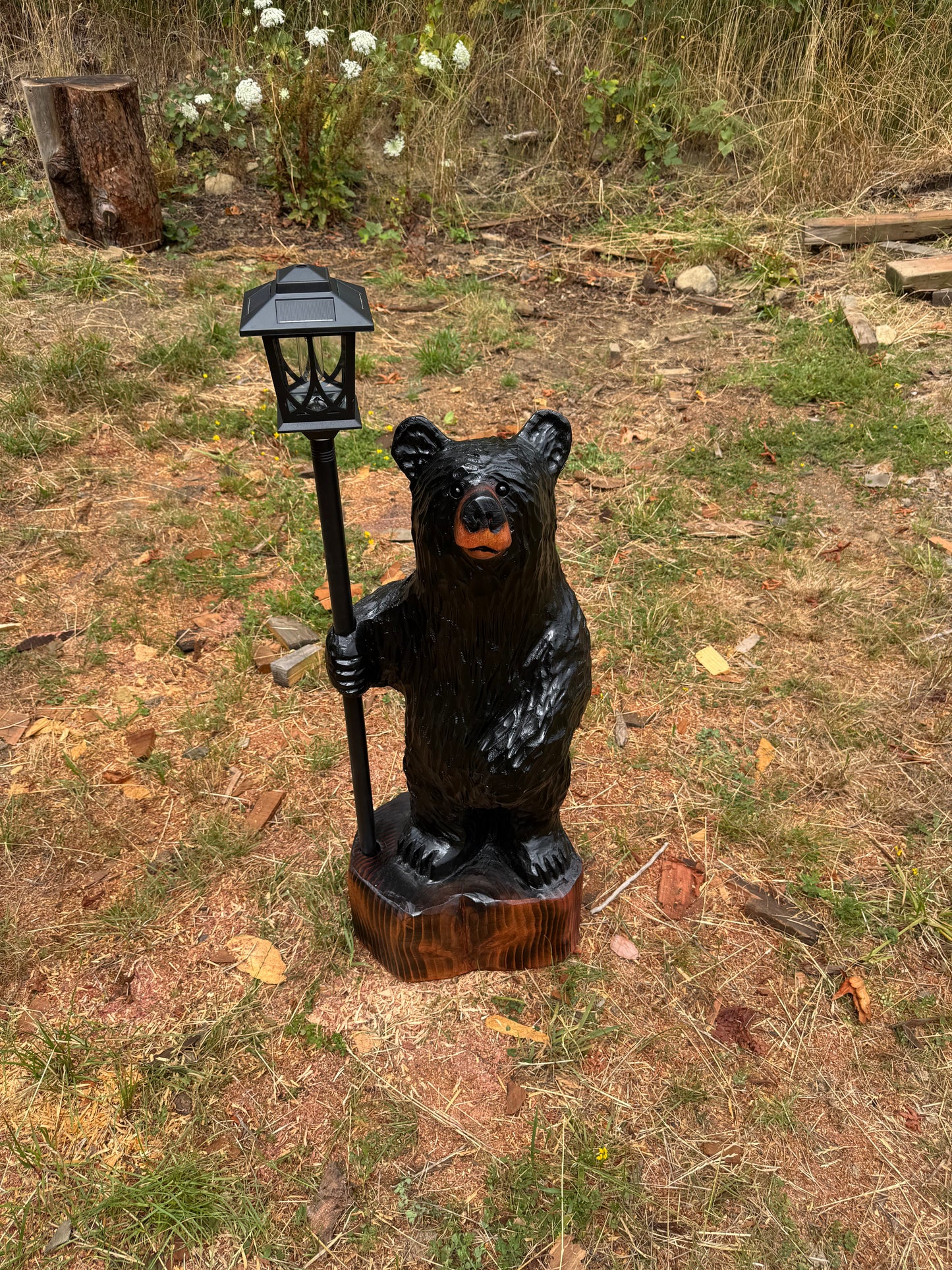 Chainsaw Carved Black Redwood Bear with Solar Lantern – 38 Inches