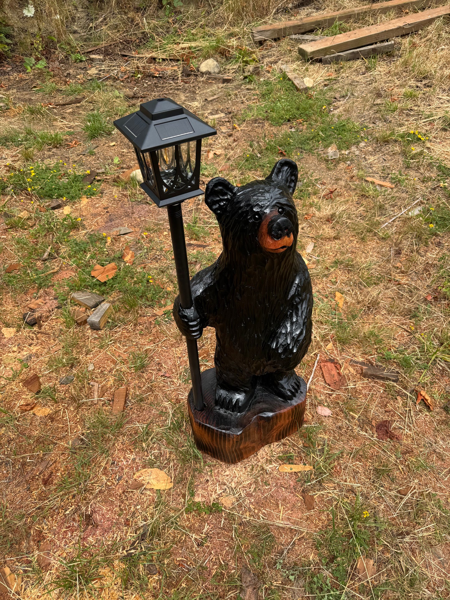 Chainsaw Carved Black Redwood Bear with Solar Lantern – 38 Inches