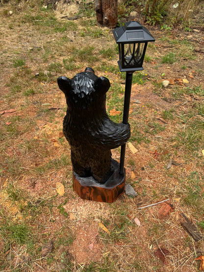 Chainsaw Carved Black Redwood Bear with Solar Lantern – 38 Inches