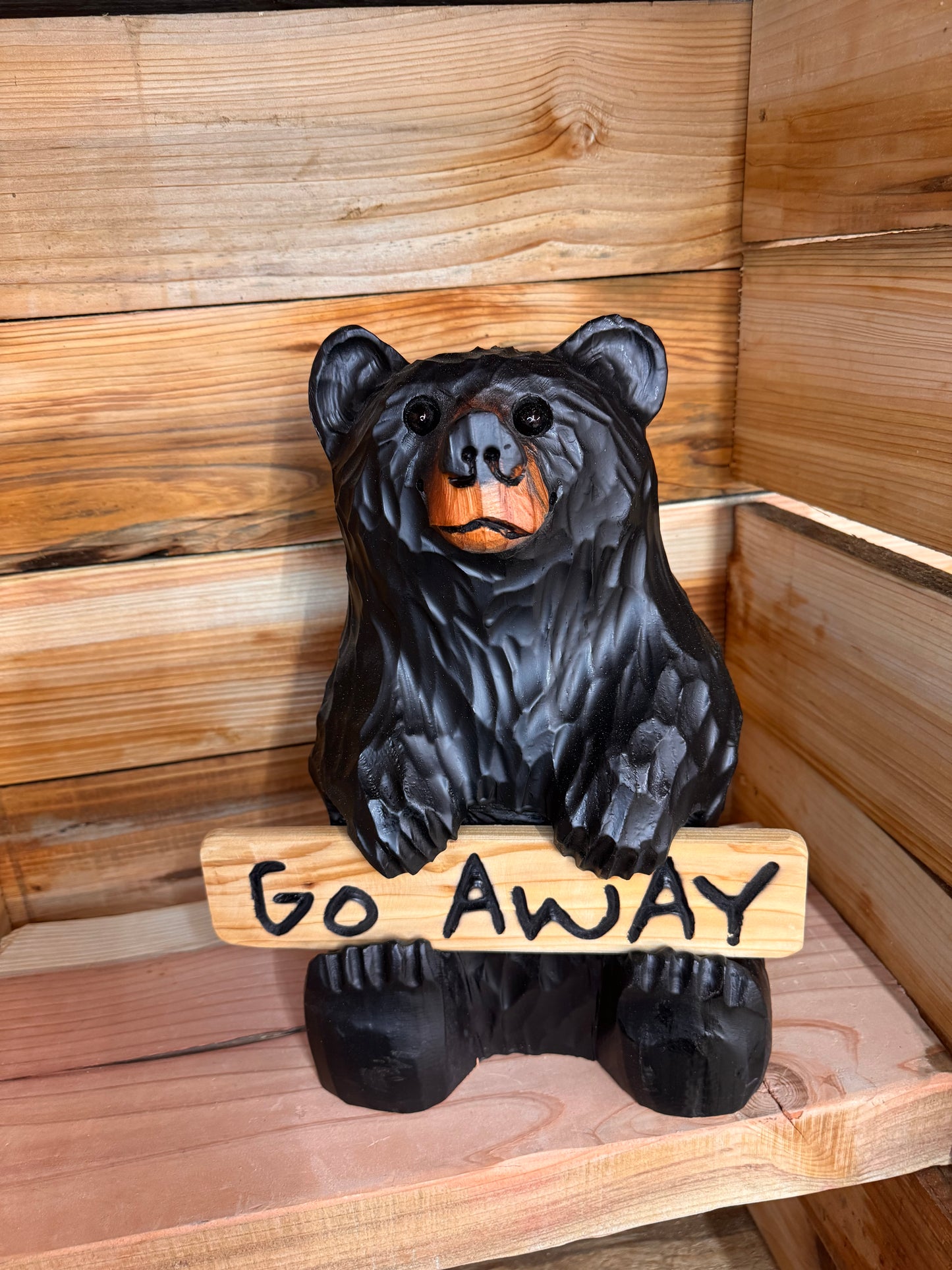Wood Carved Bear Holding Welcome/Go Away Sign - Customizable, 15 Inches Tall - Black