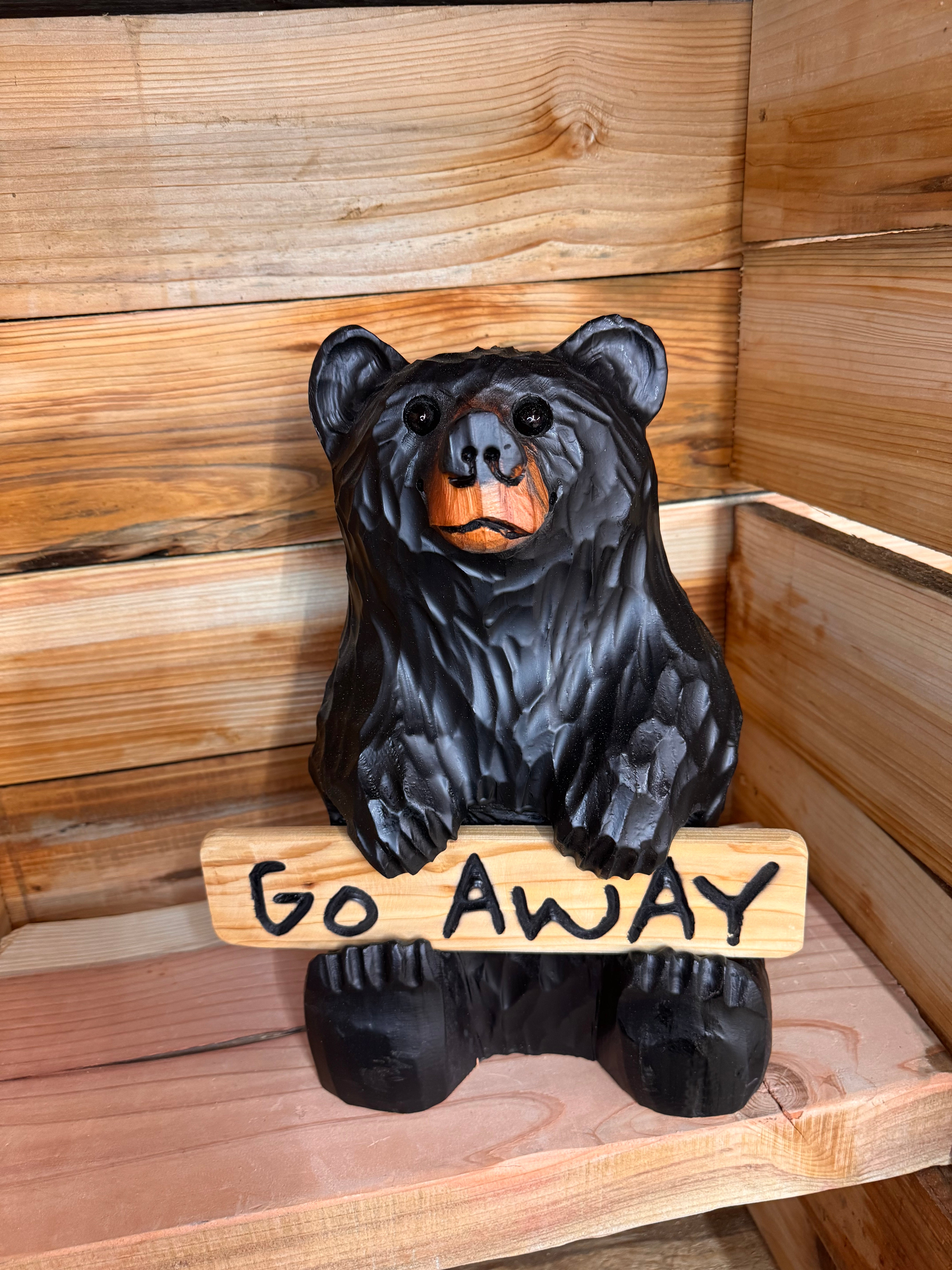 Chainsaw Carved Sitting Black Bear with Reversible Sign – 15" Giant Sequoia Redwood
