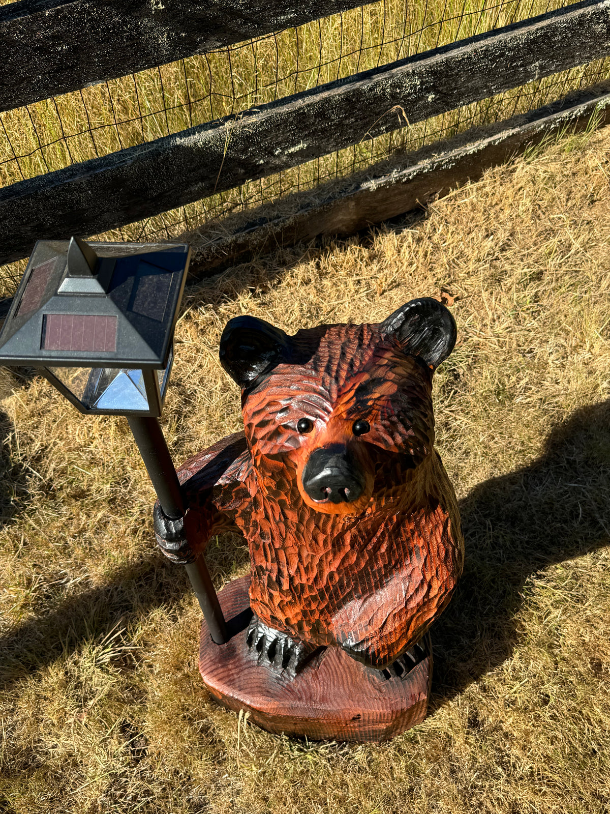 Chainsaw Carved Redwood Bear with Solar Lantern – 40”