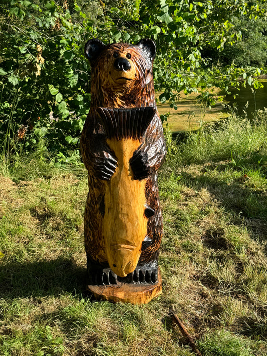 Wood Carved 48" Bear with Fish - Brown