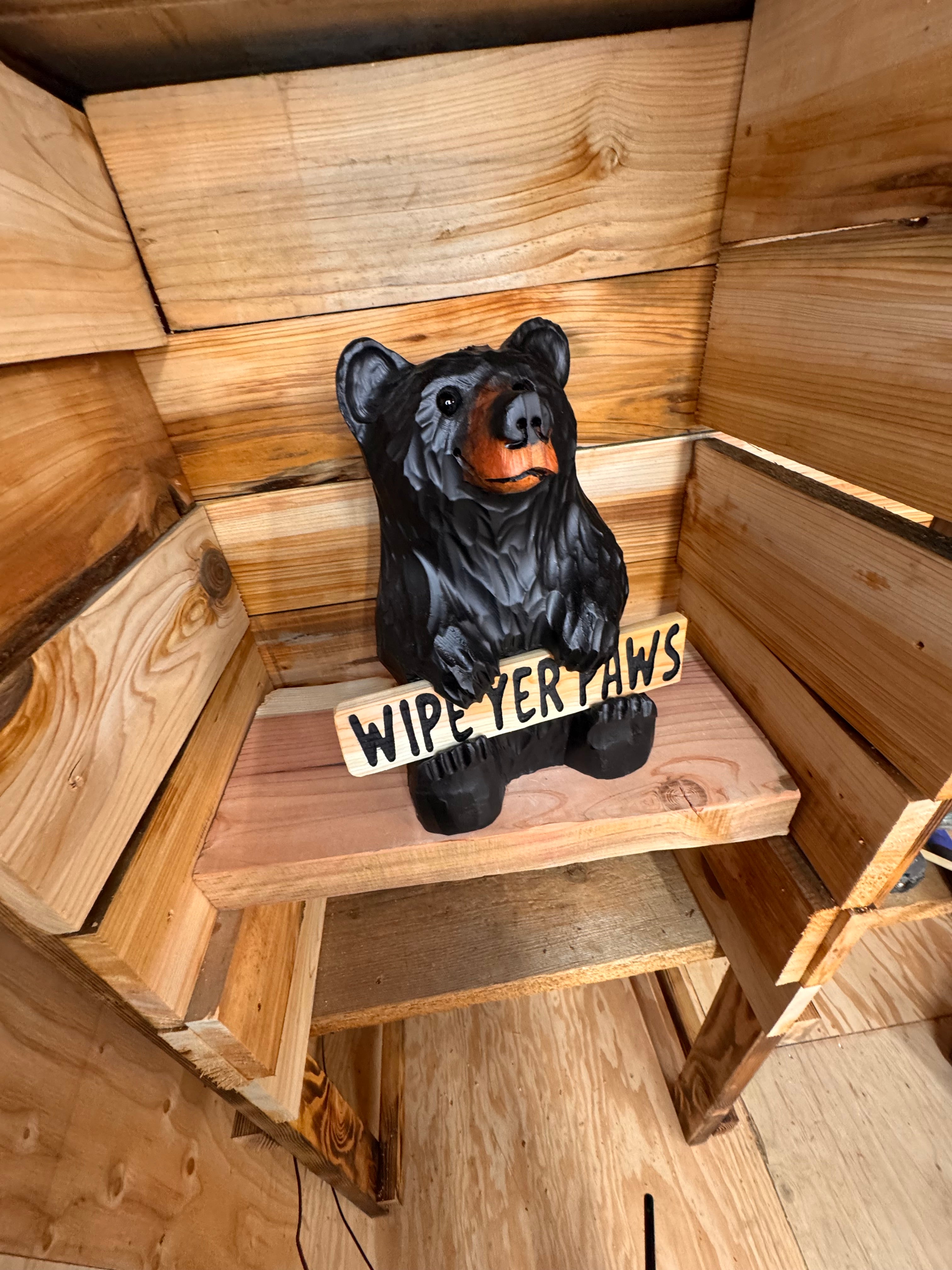 Chainsaw Carved Sitting Black Bear with Reversible Sign – 15" Giant Sequoia Redwood