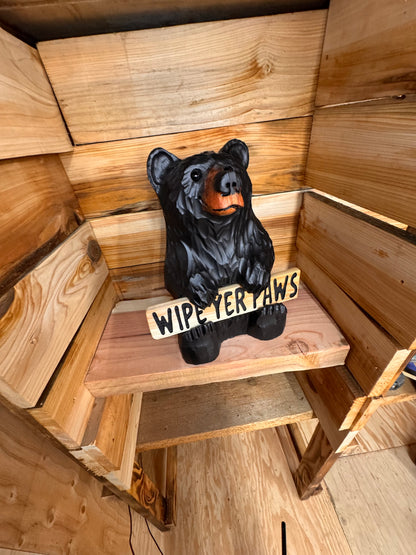 Wood Carved Bear Holding Welcome/Go Away Sign - Customizable, 15 Inches Tall - Black