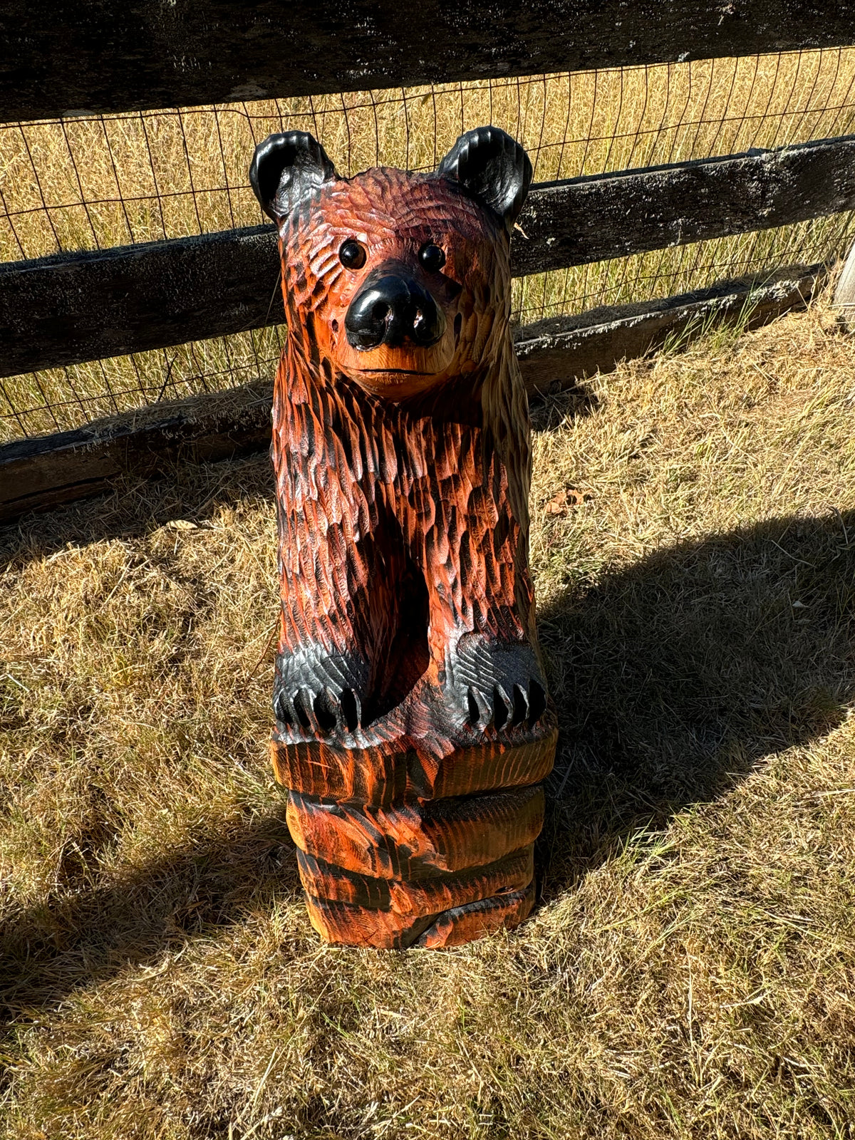 32-Inch Bear Carving on Rock Base – Hand-Carved Wood Sculpture