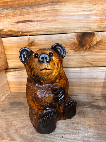 Wood Carved Sitting Bear 12" - Brown