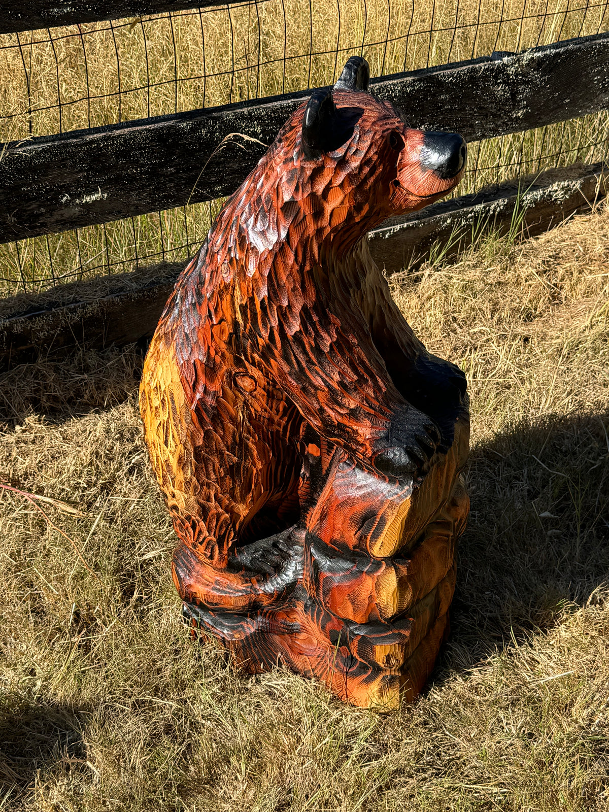 32-Inch Bear Carving on Rock Base – Hand-Carved Wood Sculpture