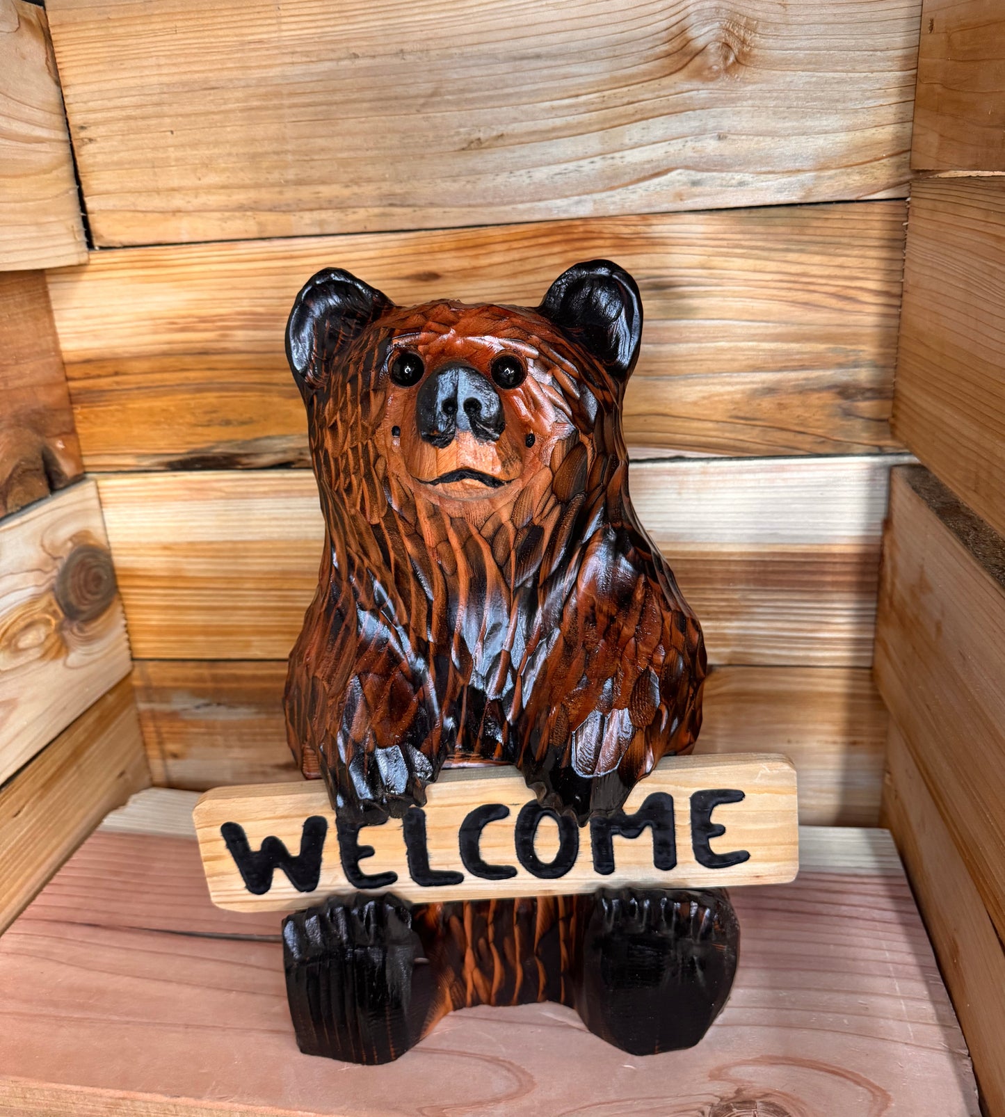 Wood Carved Bear Holding Welcome/Go Away Sign - Customizable, 15 Inches Tall - Brown