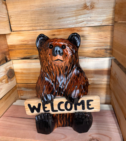 Wood Carved Bear Holding Welcome/Go Away Sign - Customizable, 15