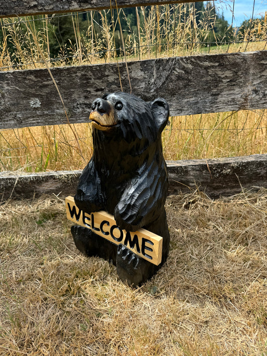 16” Wood Carved Sign Bear Looking Up - Reversible Welcome / Go Away Sign - Multiple Sign Options - Custom Signs