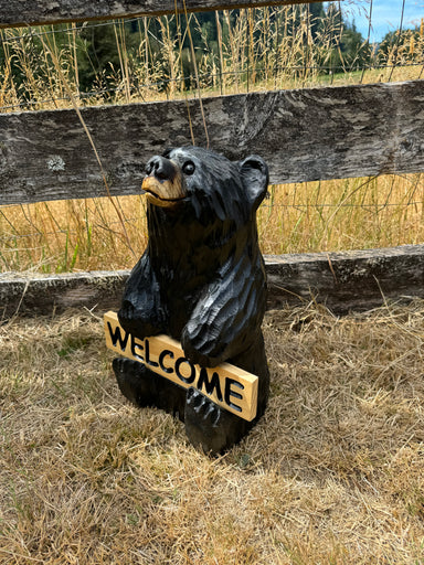 16” Wood Carved Sign Bear Looking Up - Reversible Welcome / Go
