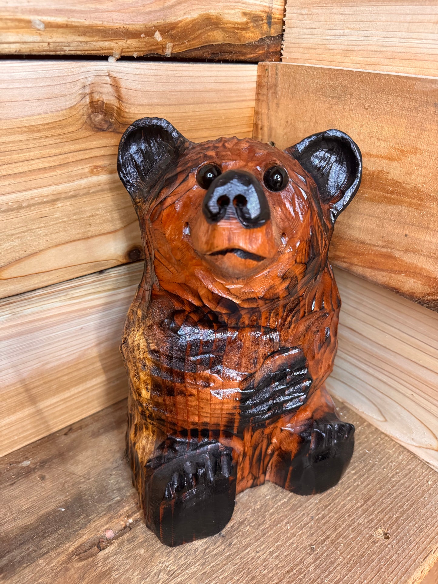 Wood Carved Sitting Bear 12" - Brown