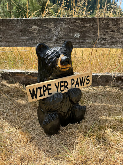 Wood Carved Bear Holding Sign 15" - Customizable - Black