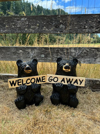 Wood Carved Bear Holding Sign 15" - Customizable - Black