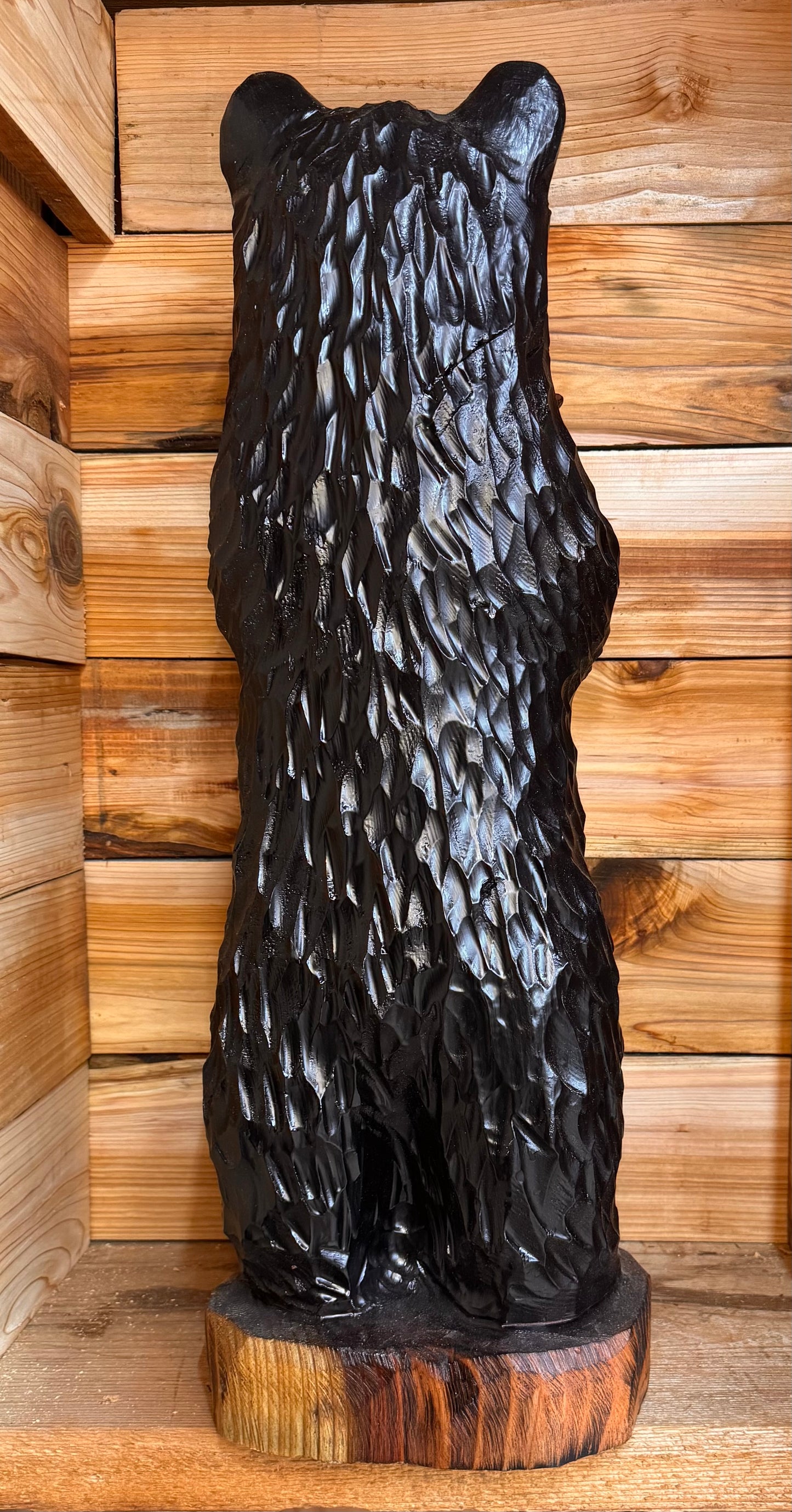 Wood Carved Bear with Fish 30" - Black