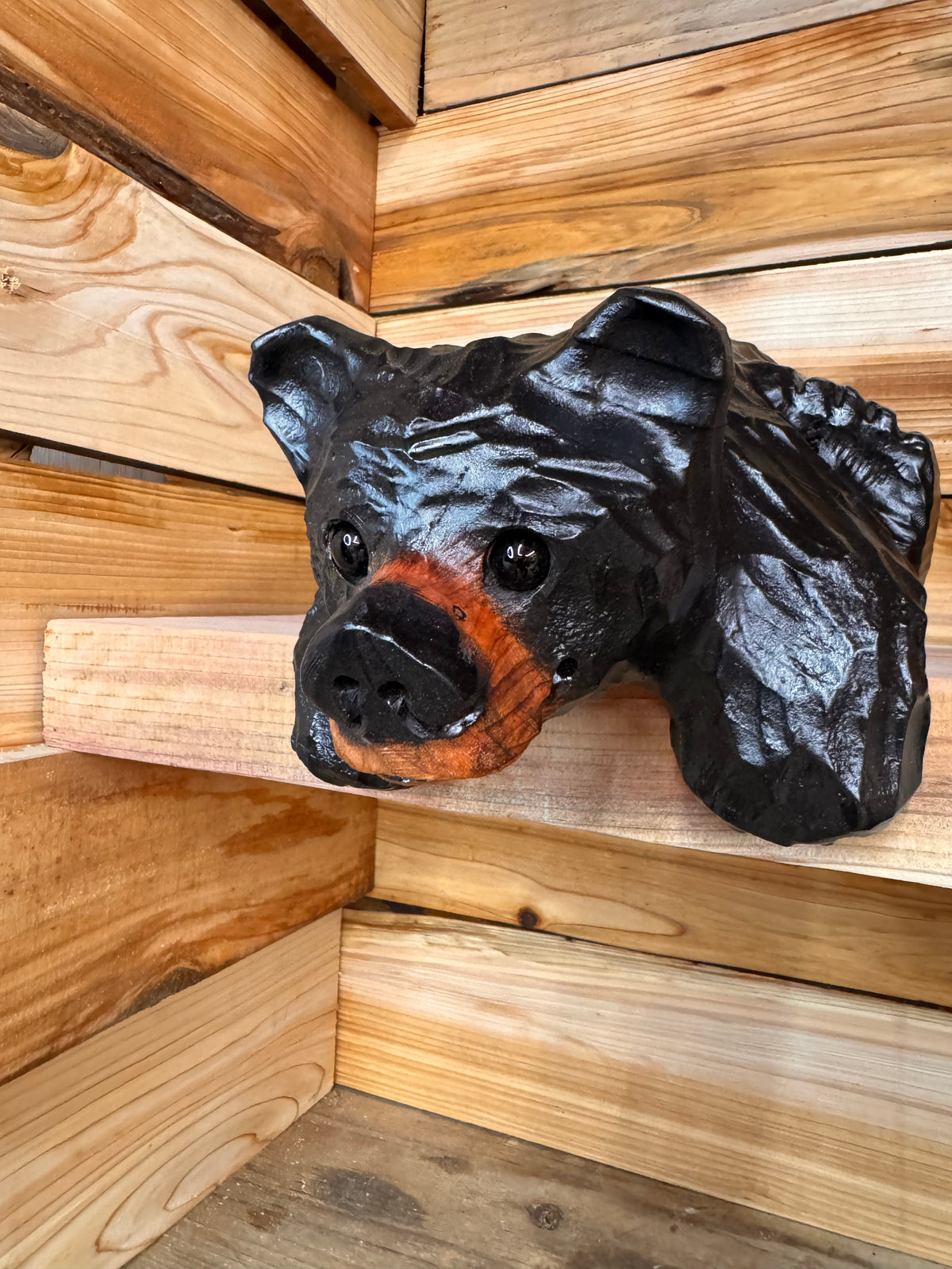 Chainsaw Carved Black Hanging Ledge Bear – 15" Giant Sequoia Redwood